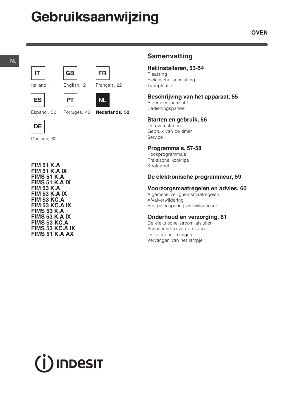 087703nl, Gebruiksaanwijzing, Samenvatting | Indesit FIM 51 K.A IX User Manual | Page 52 / 72