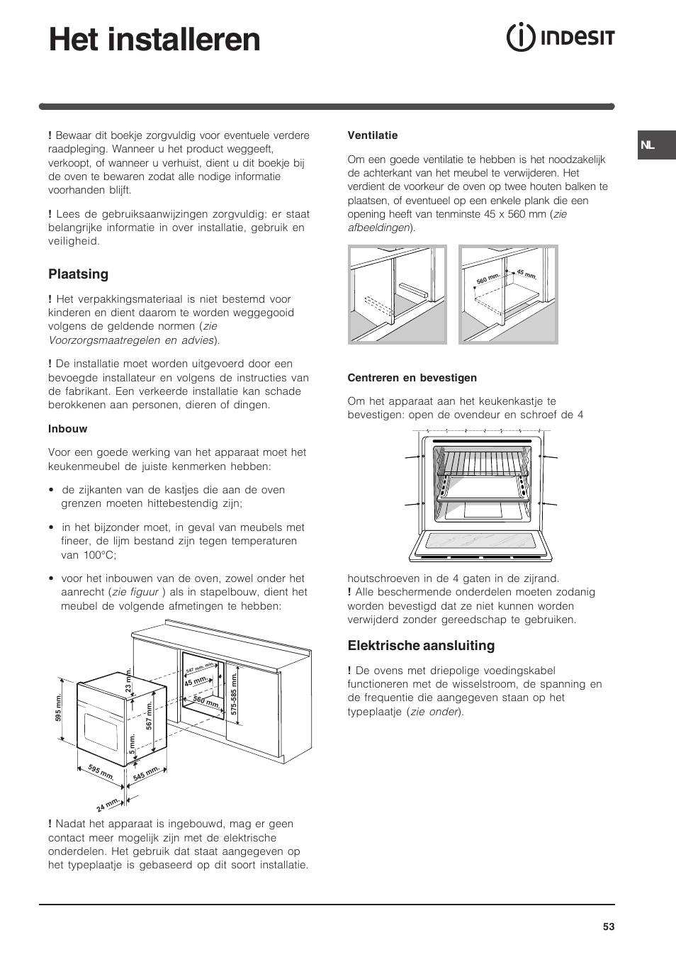 Het installeren, Plaatsing, Elektrische aansluiting | Indesit FIM 51 K.A IX User Manual | Page 53 / 72