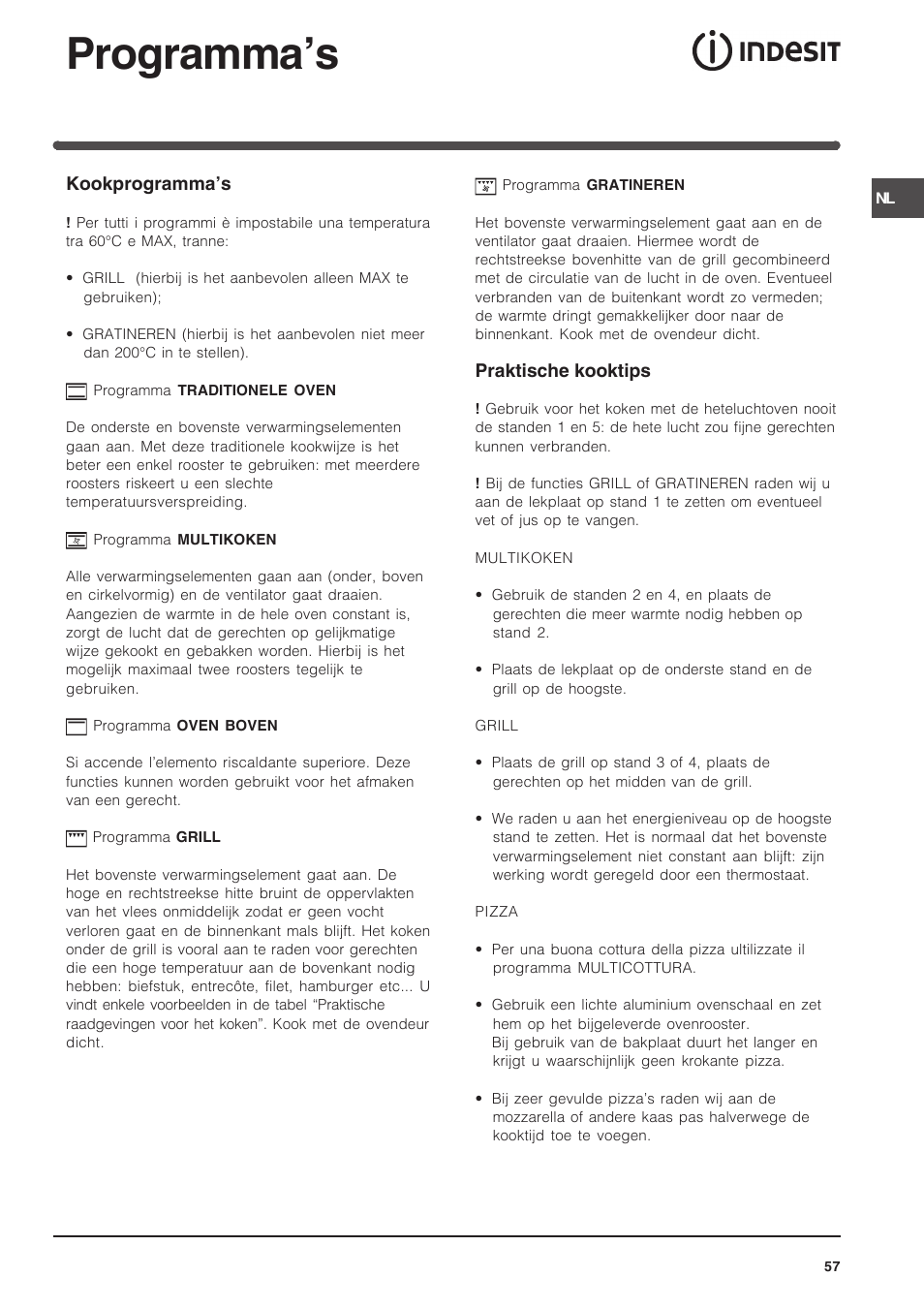 Programma’s | Indesit FIM 51 K.A IX User Manual | Page 57 / 72