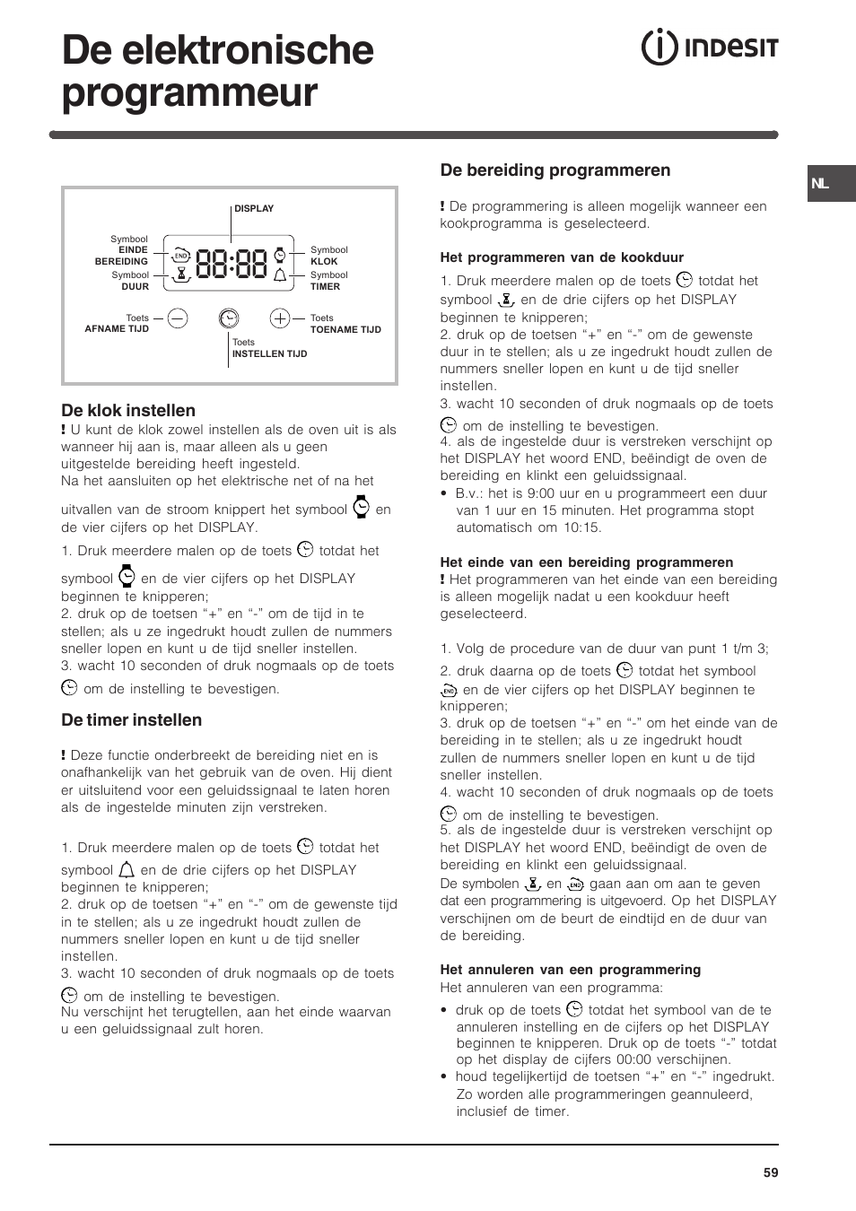 De elektronische programmeur, De klok instellen, De timer instellen | De bereiding programmeren | Indesit FIM 51 K.A IX User Manual | Page 59 / 72