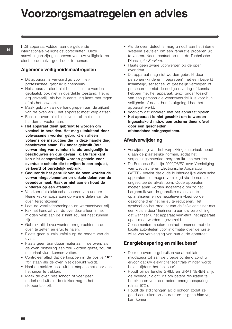 Voorzorgsmaatregelen en advies | Indesit FIM 51 K.A IX User Manual | Page 60 / 72