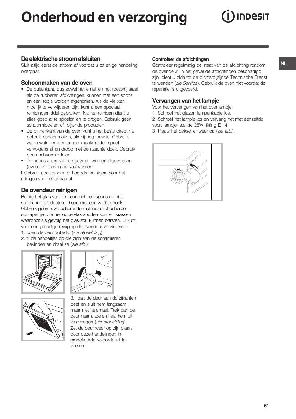 Onderhoud en verzorging | Indesit FIM 51 K.A IX User Manual | Page 61 / 72