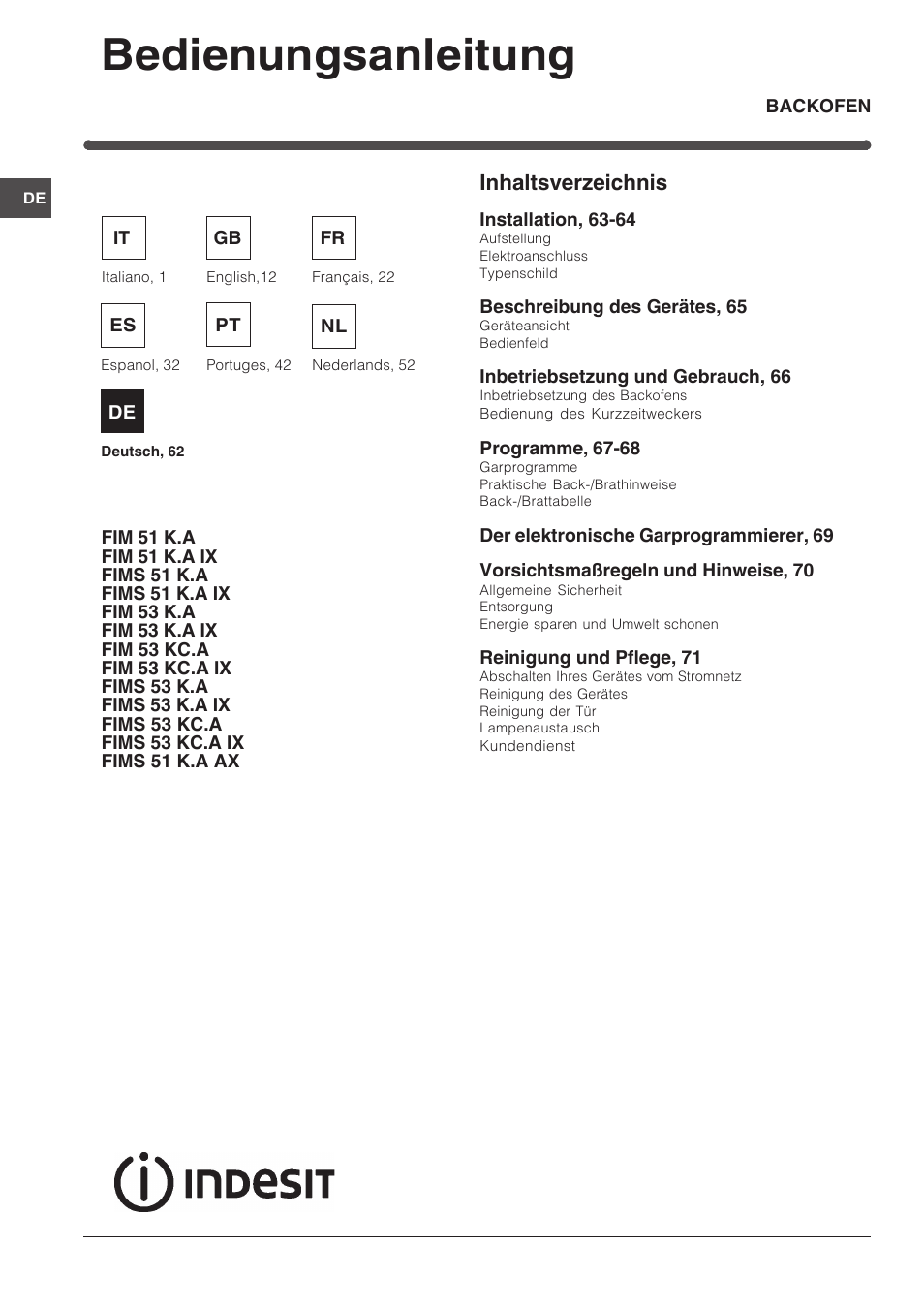 Indesit FIM 51 K.A IX User Manual | Page 62 / 72