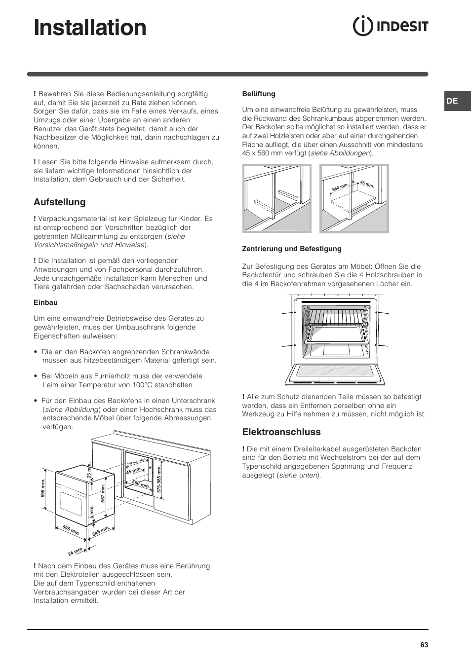 Installation, Aufstellung, Elektroanschluss | Indesit FIM 51 K.A IX User Manual | Page 63 / 72