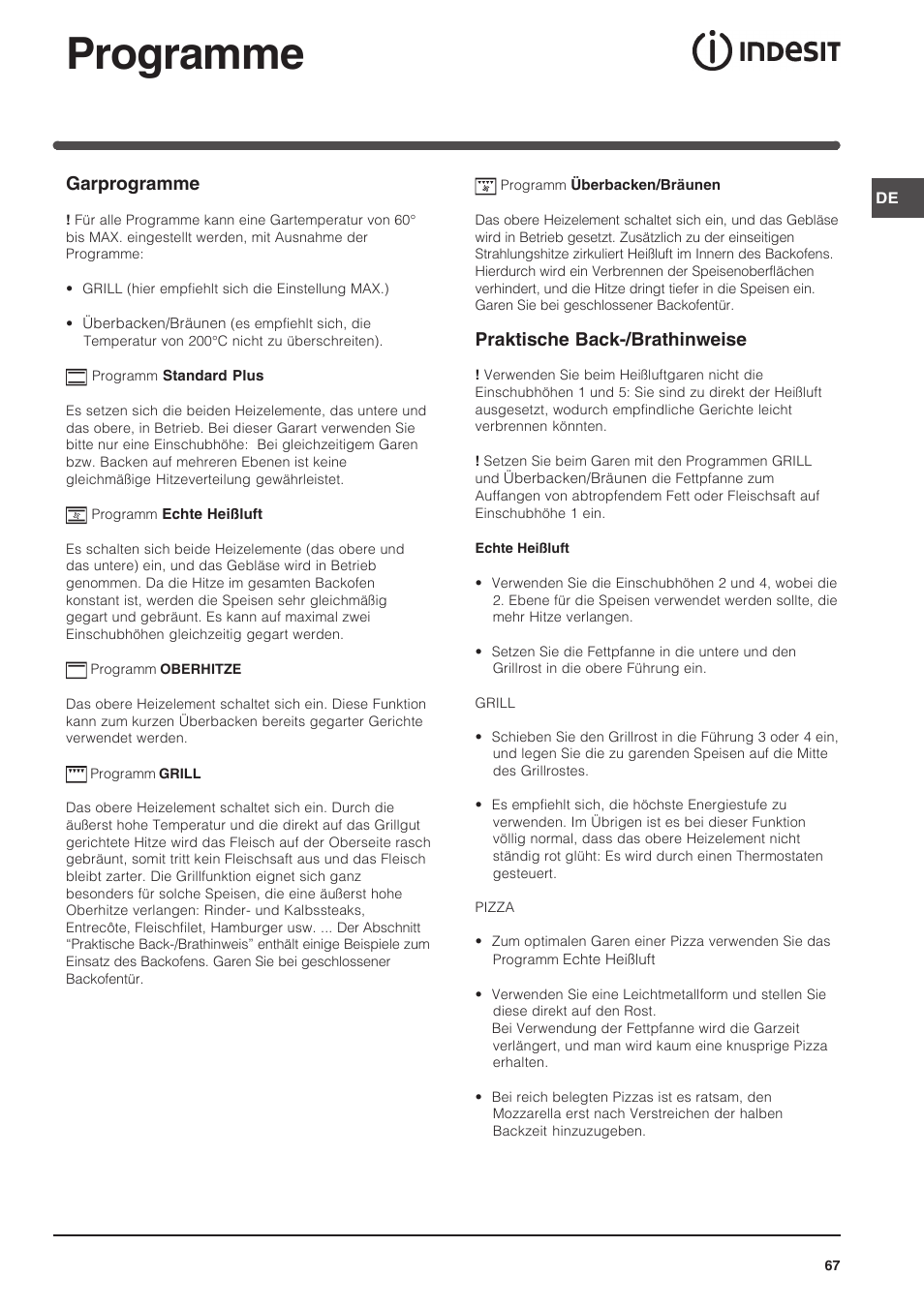 Programme, Garprogramme, Praktische back-/brathinweise | Indesit FIM 51 K.A IX User Manual | Page 67 / 72
