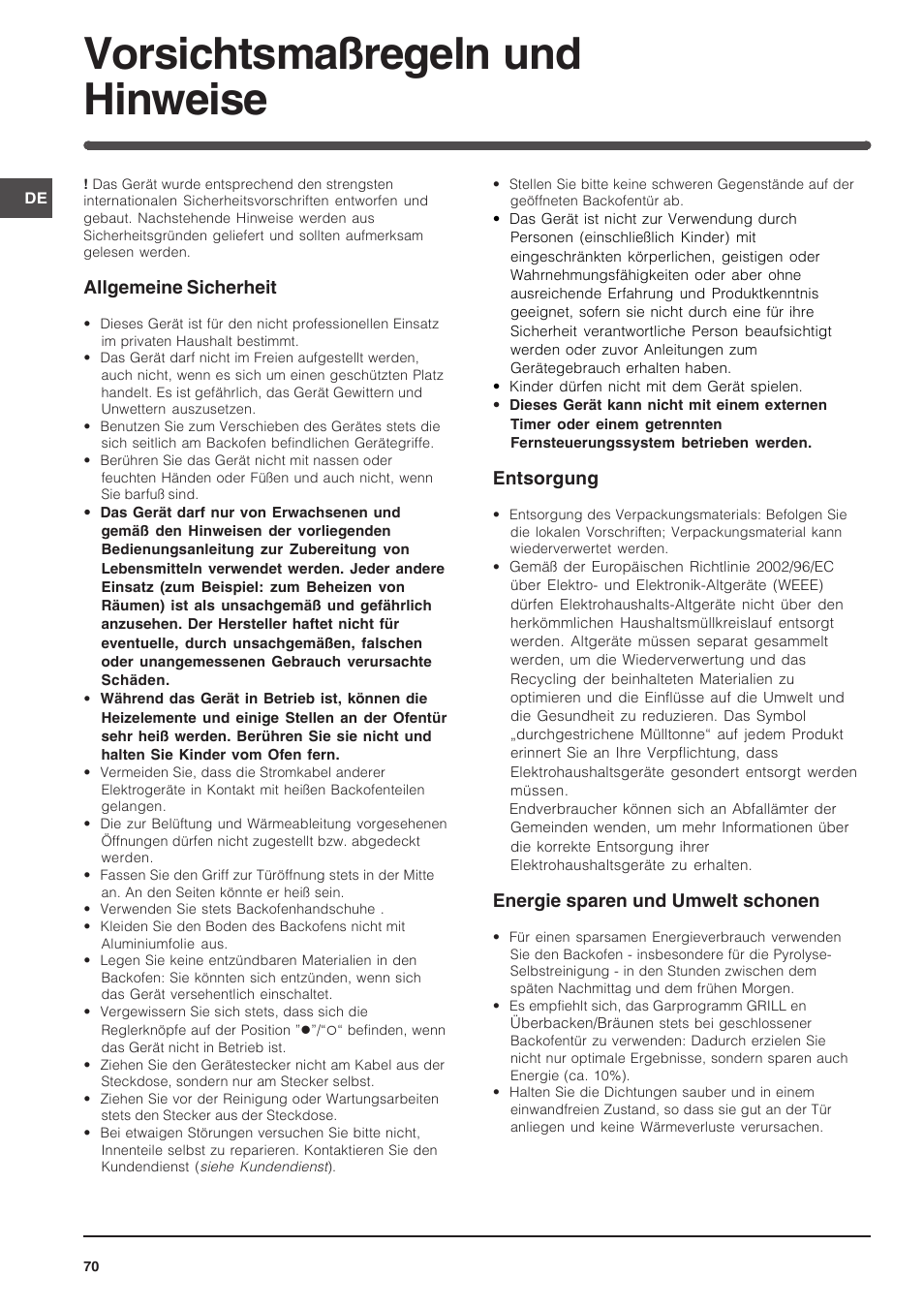 Vorsichtsmaßregeln und hinweise, Allgemeine sicherheit, Entsorgung | Energie sparen und umwelt schonen | Indesit FIM 51 K.A IX User Manual | Page 70 / 72