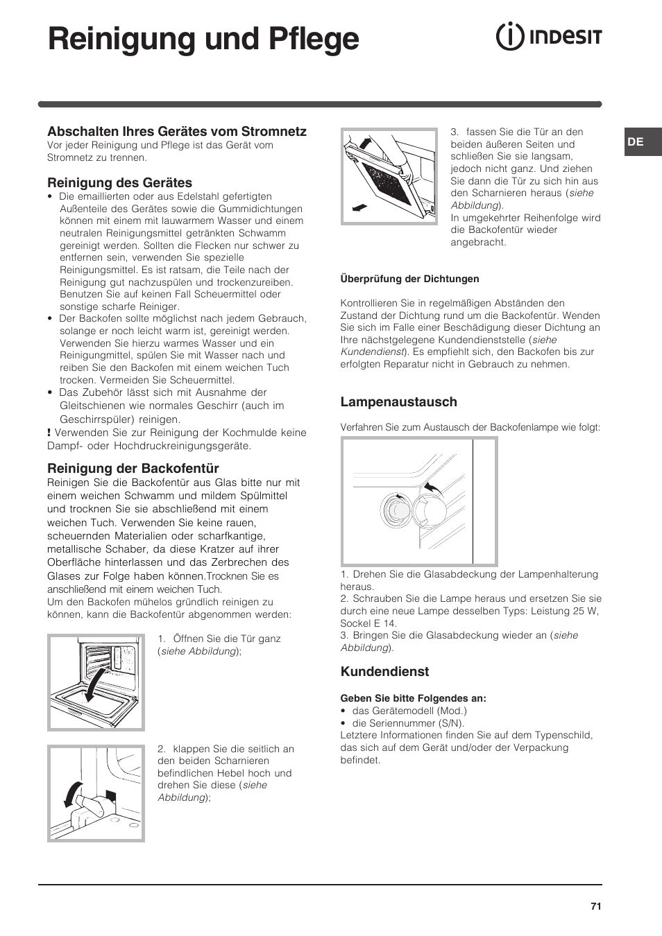Reinigung und pflege | Indesit FIM 51 K.A IX User Manual | Page 71 / 72