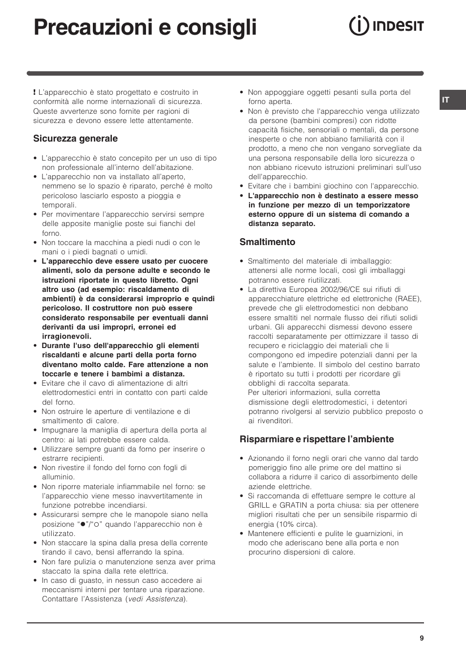 Precauzioni e consigli | Indesit FIM 51 K.A IX User Manual | Page 9 / 72