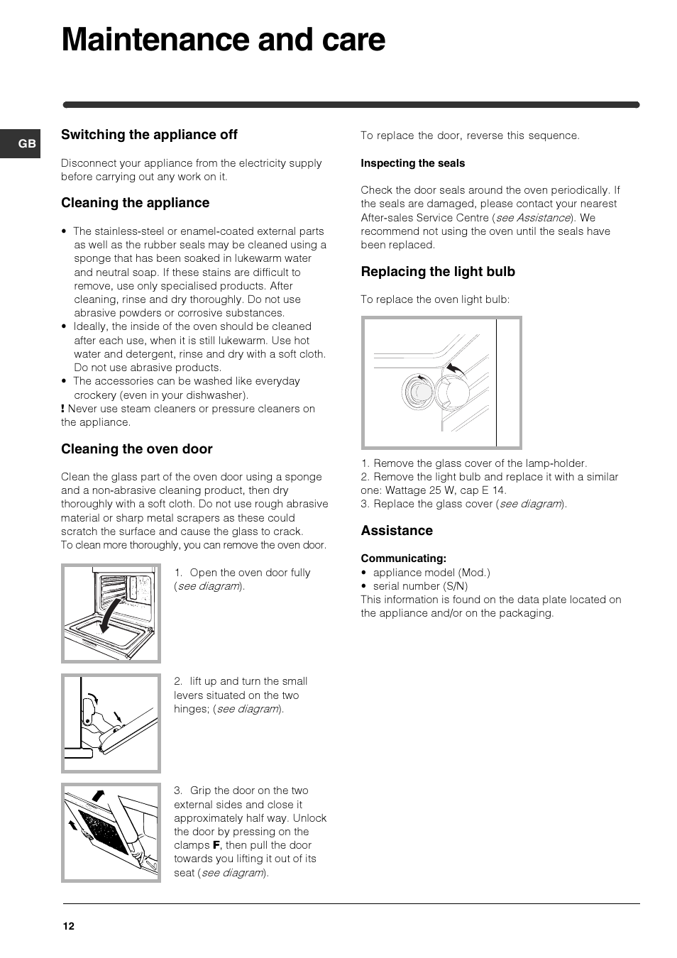 Maintenance and care | Indesit HIM 506 EK.A User Manual | Page 12 / 60