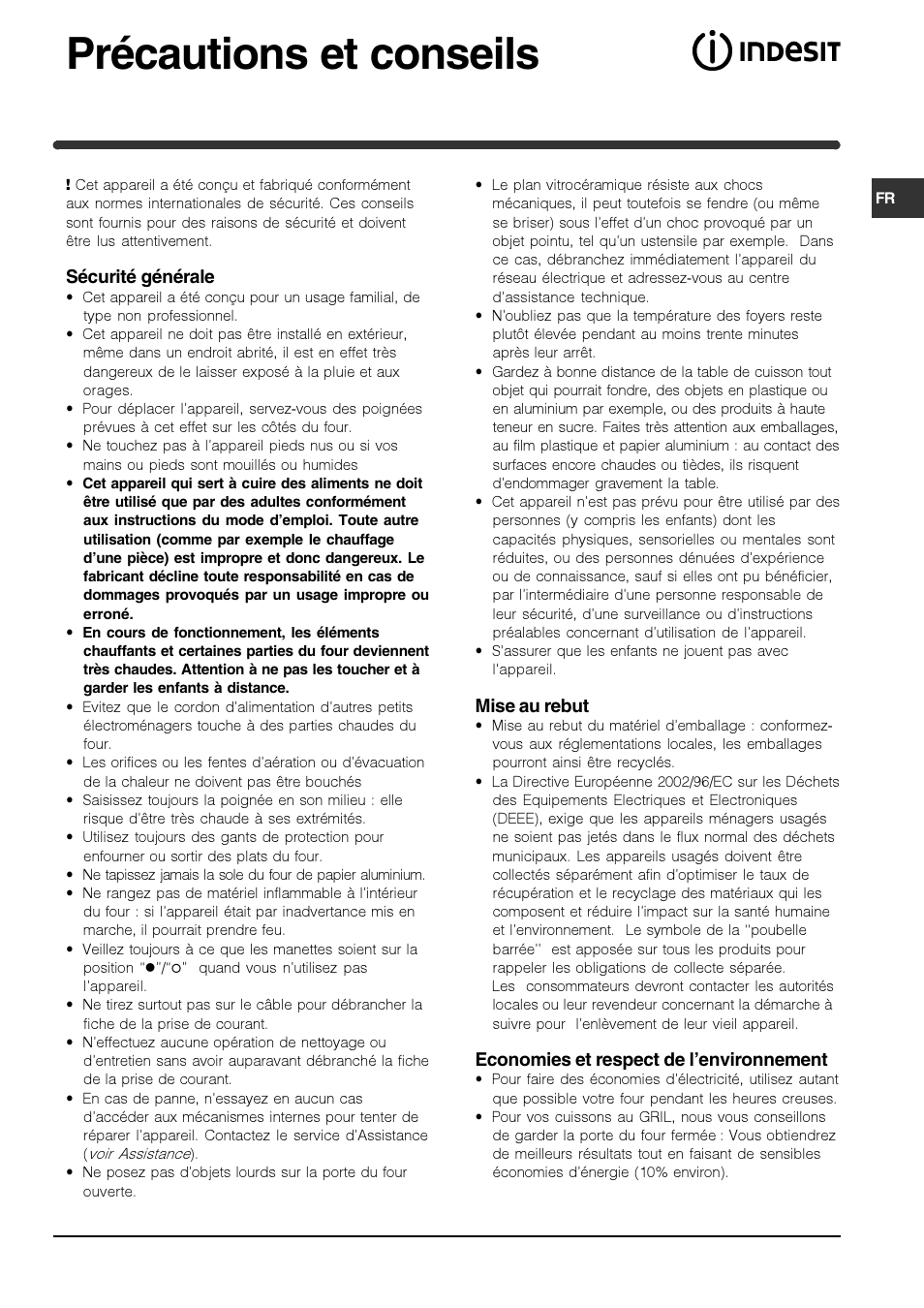 Précautions et conseils | Indesit HIM 506 EK.A User Manual | Page 20 / 60