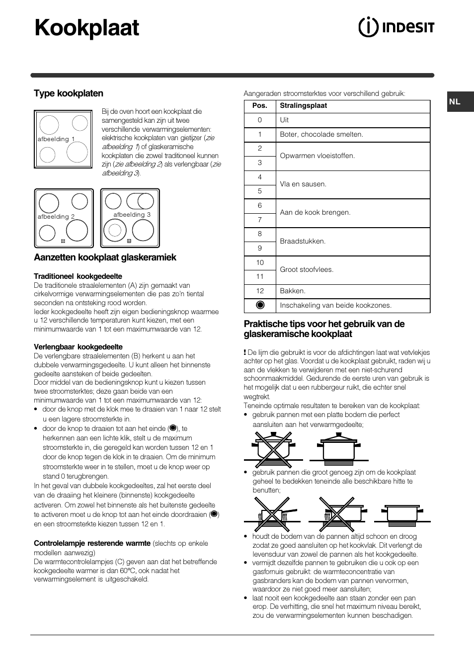 Kookplaat, Type kookplaten, Aanzetten kookplaat glaskeramiek | Indesit HIM 506 EK.A User Manual | Page 27 / 60
