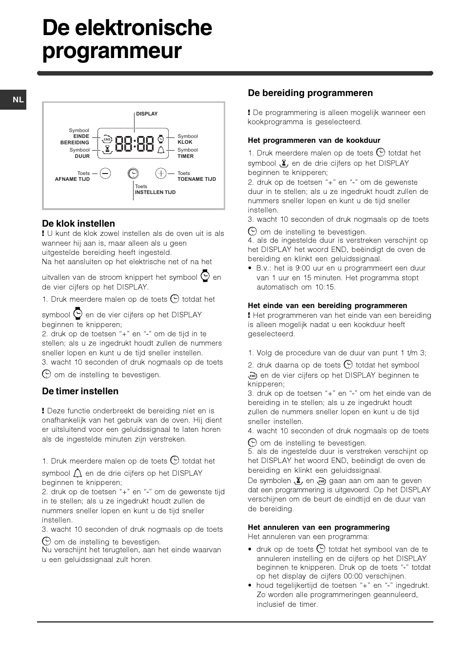 De elektronische programmeur, De klok instellen, De timer instellen | De bereiding programmeren | Indesit HIM 506 EK.A User Manual | Page 28 / 60