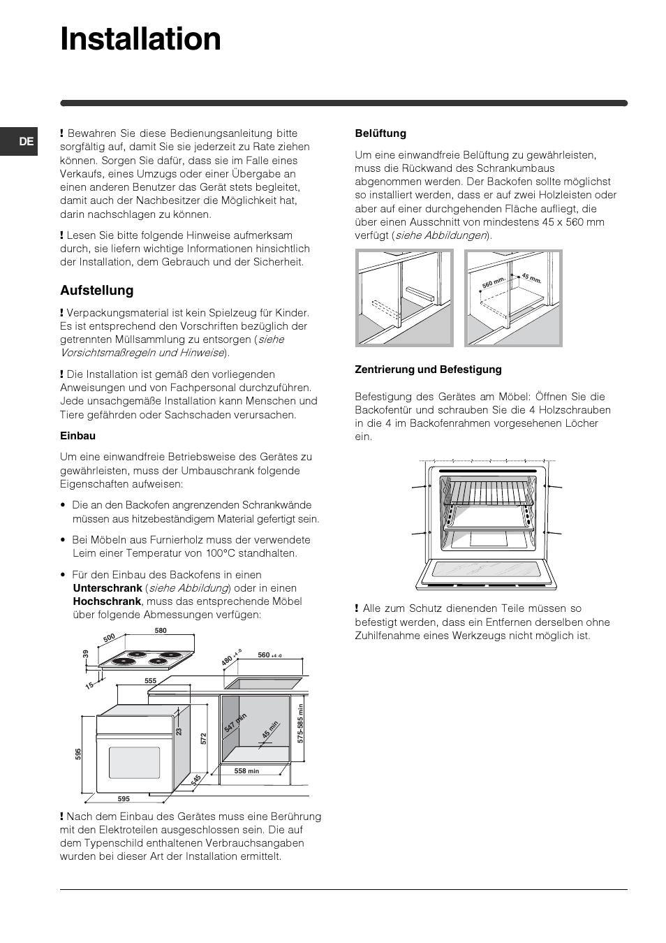 Installation, Aufstellung | Indesit HIM 506 EK.A User Manual | Page 31 / 60