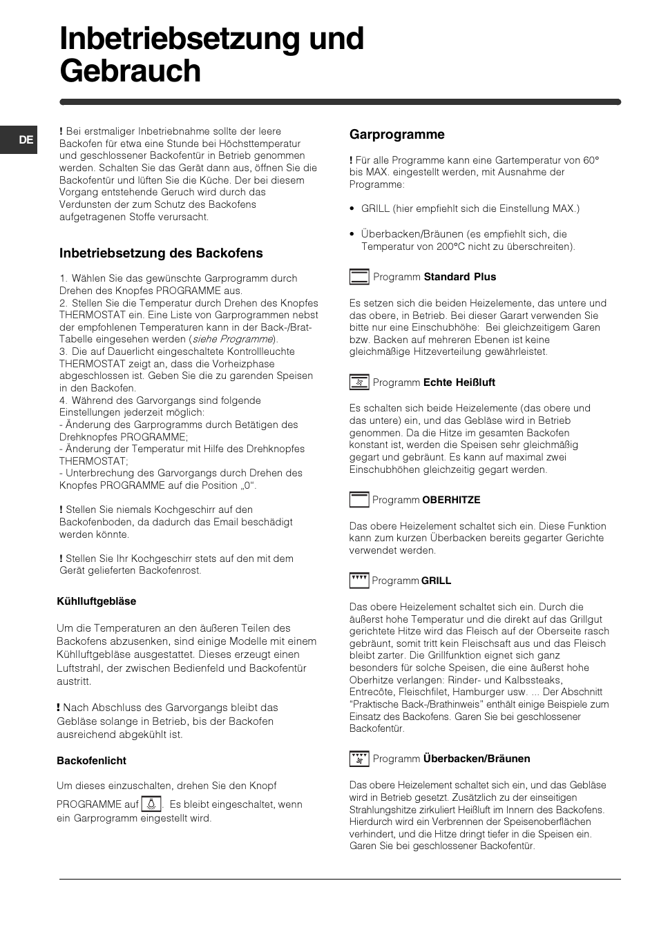 Inbetriebsetzung und gebrauch, Inbetriebsetzung des backofens, Garprogramme | Indesit HIM 506 EK.A User Manual | Page 34 / 60