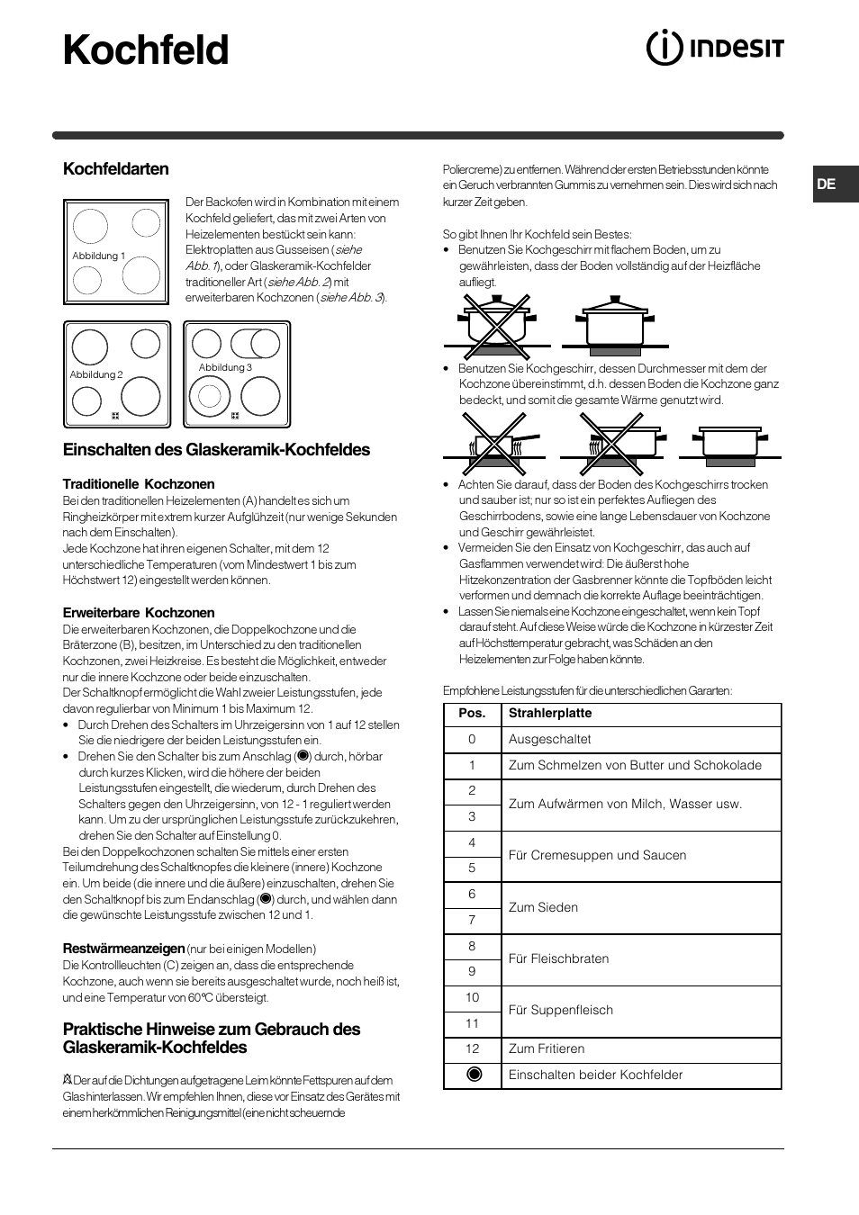 Kochfeld, Kochfeldarten, Einschalten des glaskeramik-kochfeldes | Indesit HIM 506 EK.A User Manual | Page 36 / 60