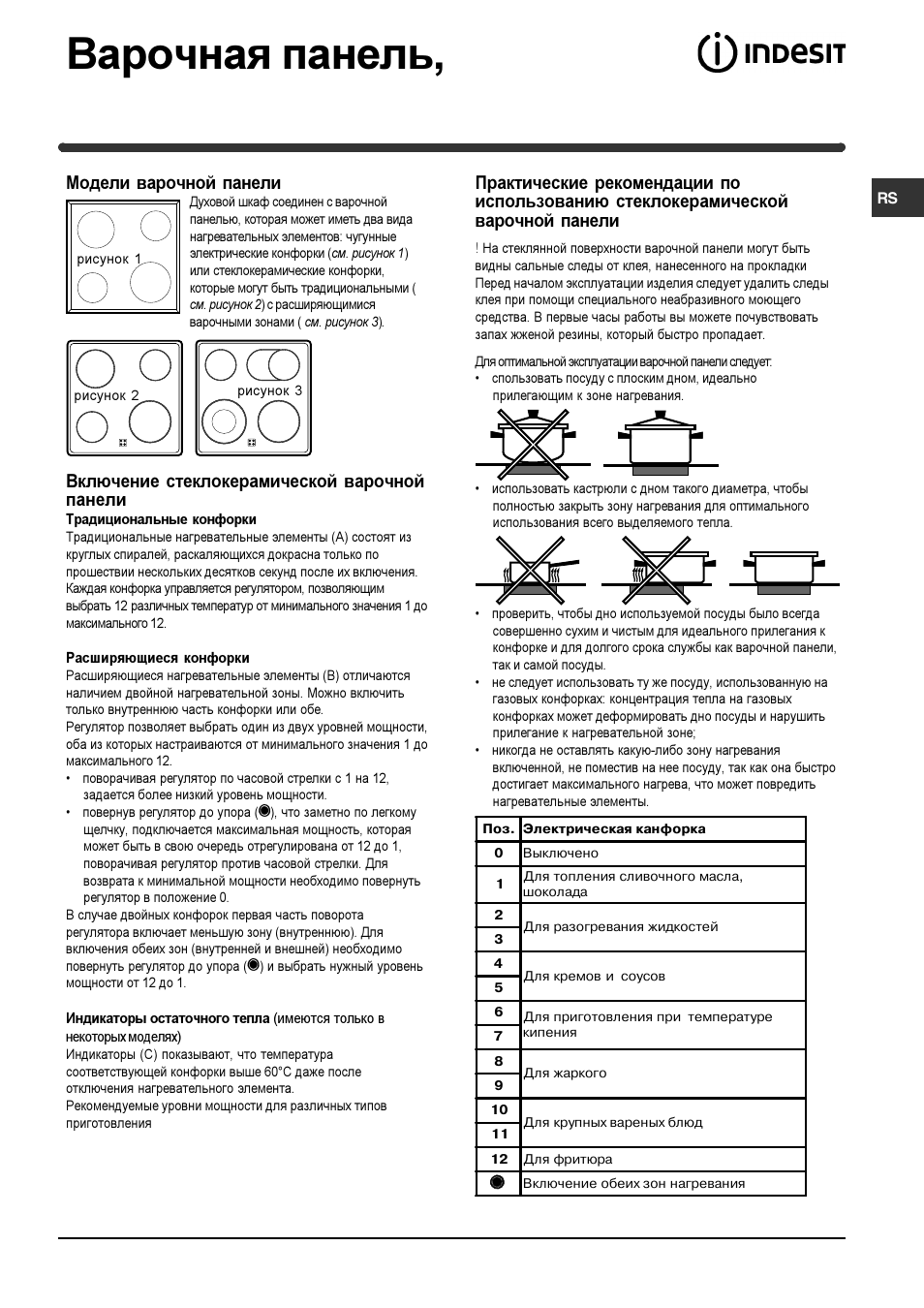 Варочная панель, Модели варочной панели, Включение стеклокерамической варочной панели | Indesit HIM 506 EK.A User Manual | Page 56 / 60