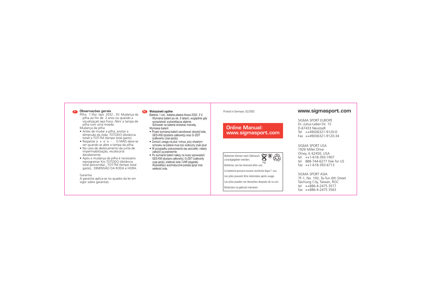SIGMA BC 800 User Manual | Page 20 / 20