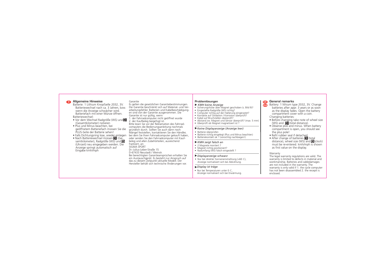SIGMA BC 500 User Manual | Page 16 / 20
