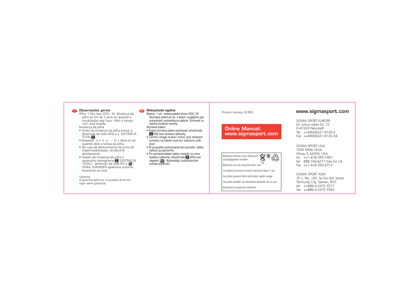 SIGMA BC 500 User Manual | Page 20 / 20