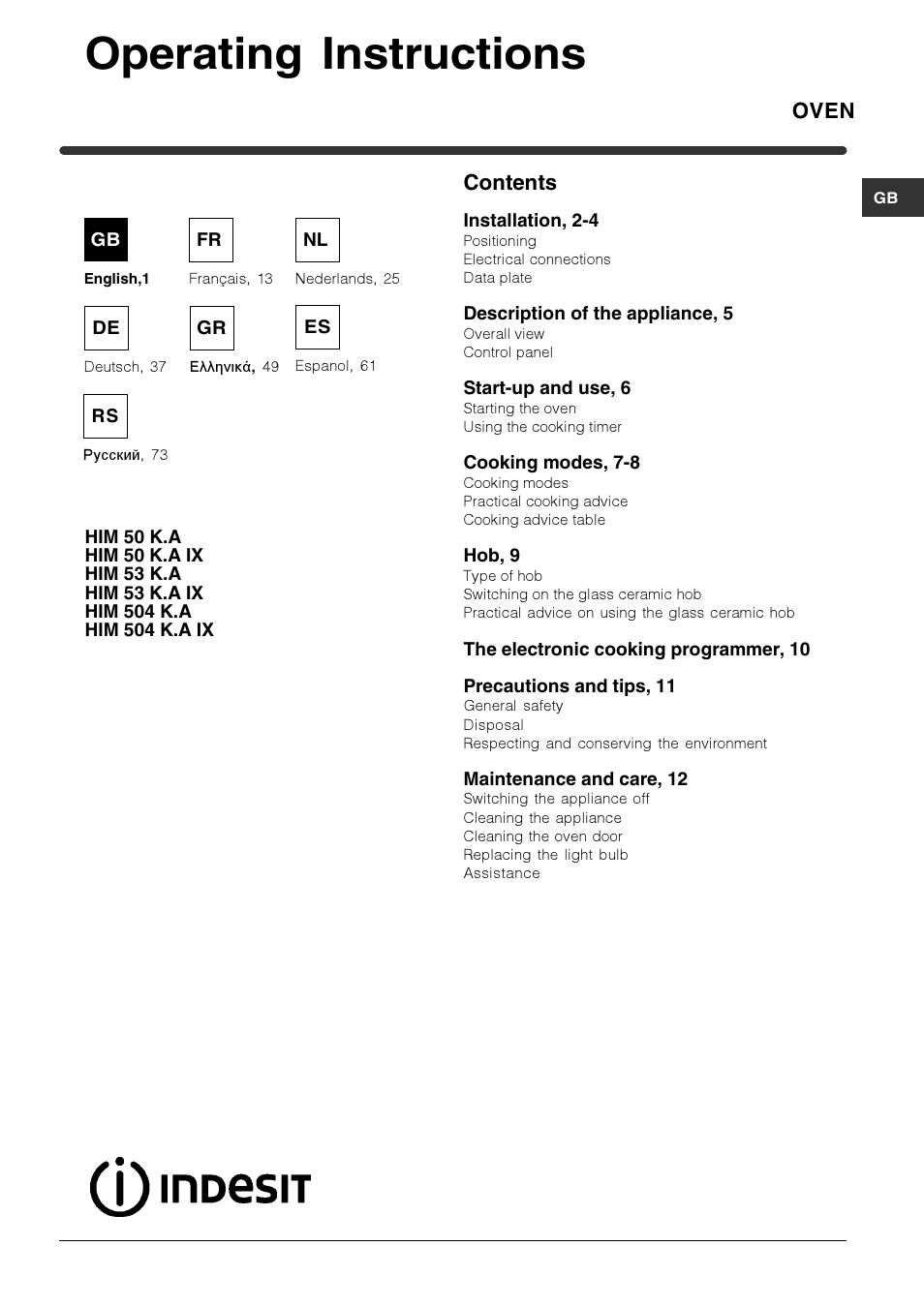 Indesit HIM 50 K.A IX User Manual | 84 pages