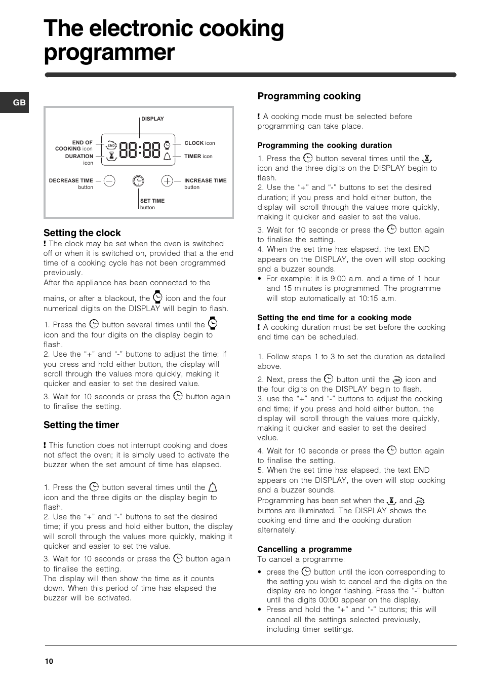 The electronic cooking programmer, Setting the clock, Setting the timer | Programming cooking | Indesit HIM 50 K.A IX User Manual | Page 10 / 84