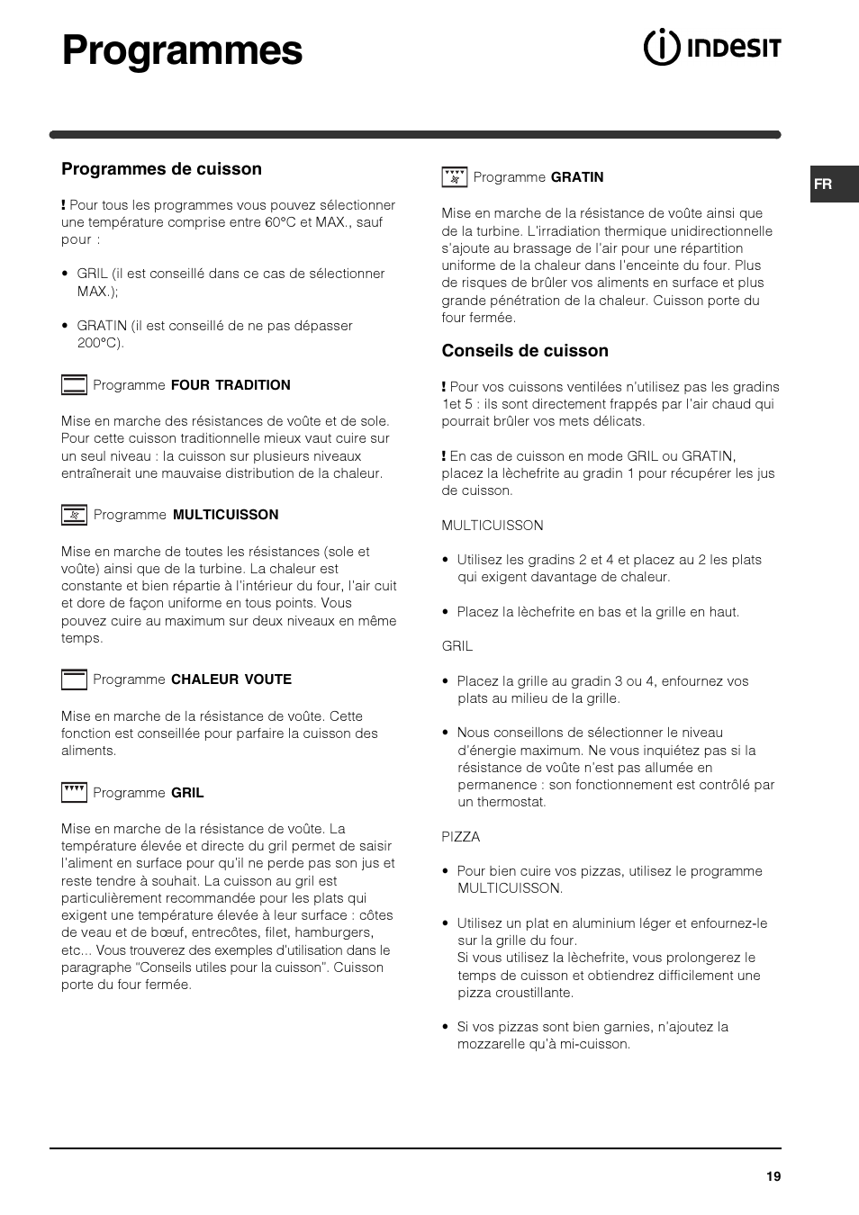 Programmes | Indesit HIM 50 K.A IX User Manual | Page 19 / 84