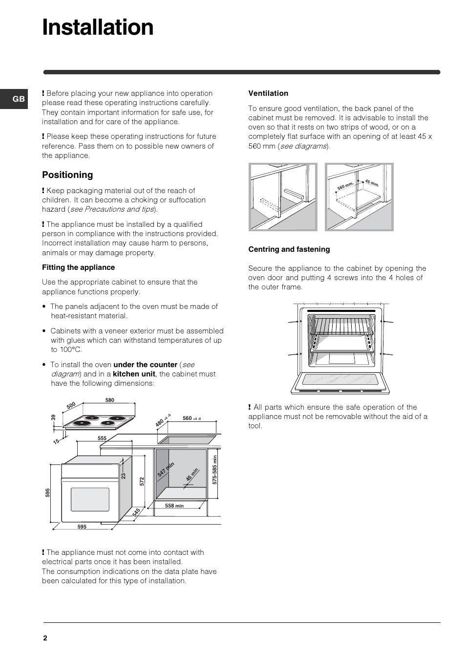 Installation, Positioning | Indesit HIM 50 K.A IX User Manual | Page 2 / 84