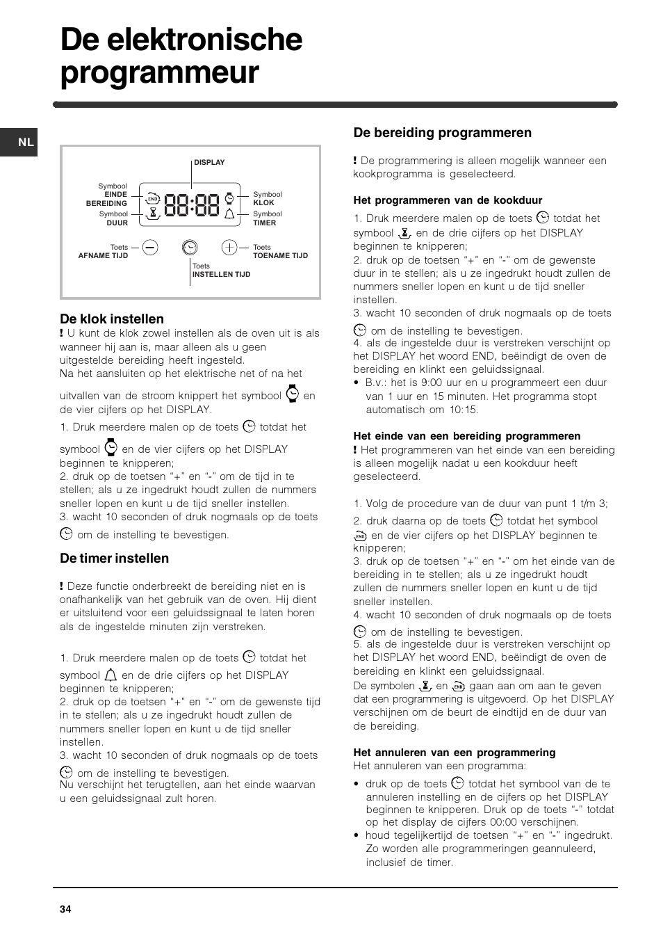 De elektronische programmeur, De klok instellen, De timer instellen | De bereiding programmeren | Indesit HIM 50 K.A IX User Manual | Page 34 / 84