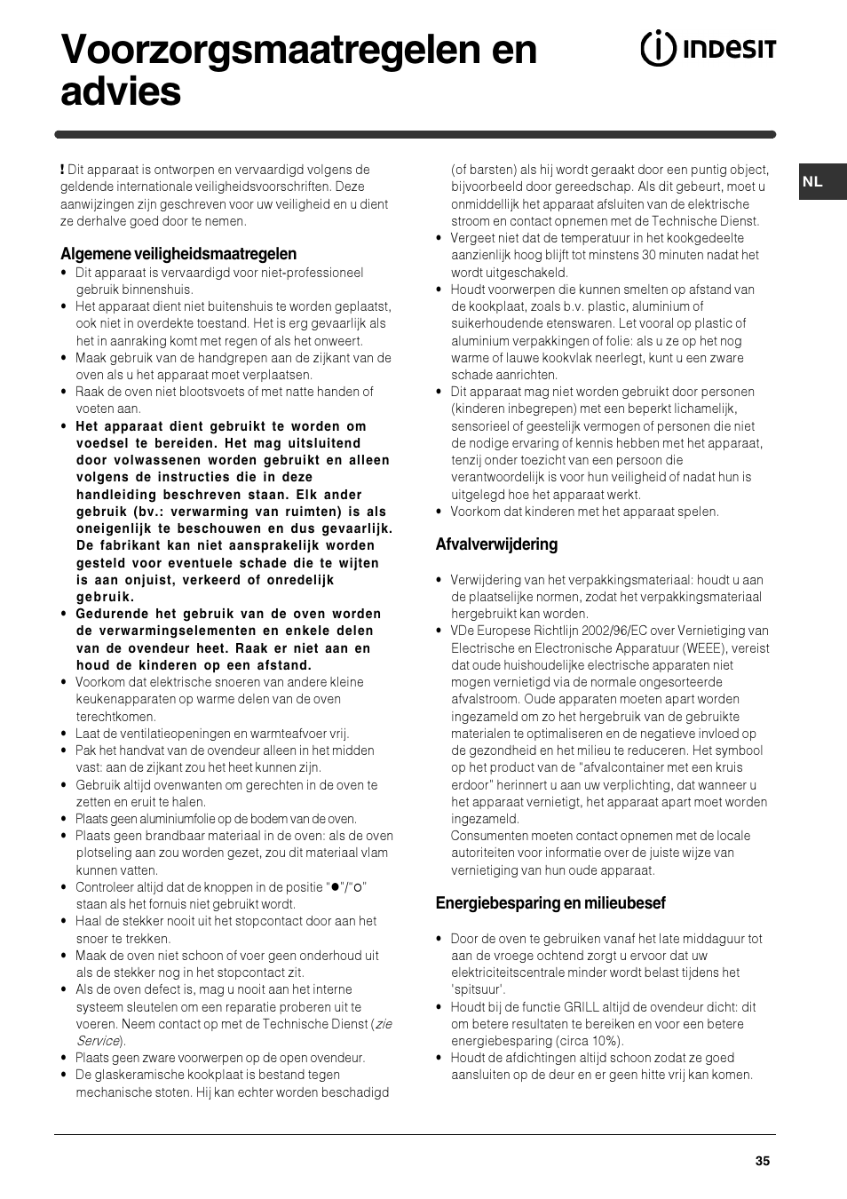 Voorzorgsmaatregelen en advies | Indesit HIM 50 K.A IX User Manual | Page 35 / 84