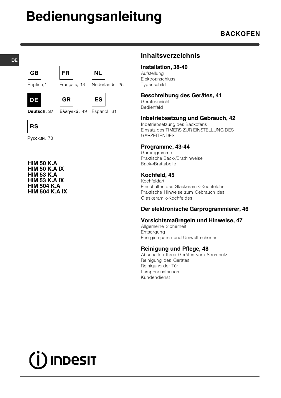 Bedienungsanleitung, Backofen inhaltsverzeichnis | Indesit HIM 50 K.A IX User Manual | Page 37 / 84