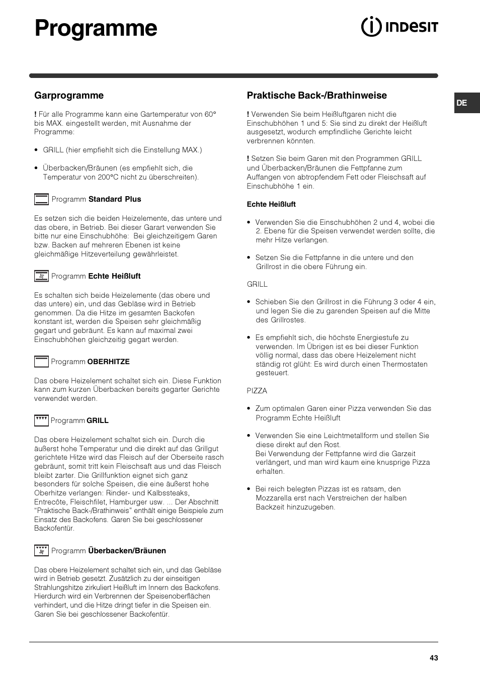 Programme, Garprogramme, Praktische back-/brathinweise | Indesit HIM 50 K.A IX User Manual | Page 43 / 84