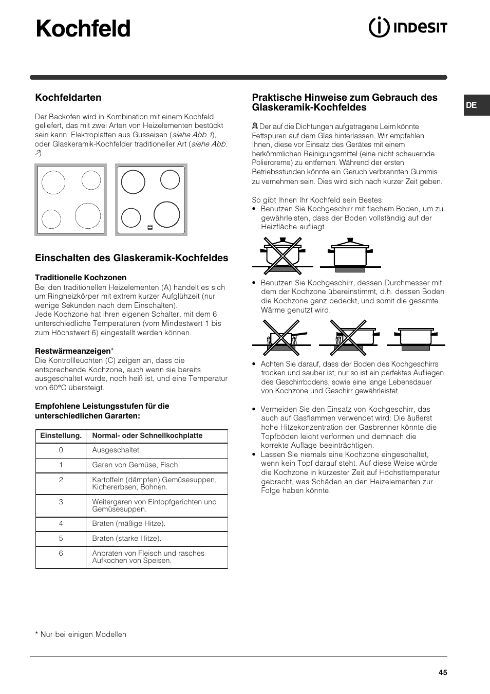 Kochfeld, Kochfeldarten, Einschalten des glaskeramik-kochfeldes | Indesit HIM 50 K.A IX User Manual | Page 45 / 84