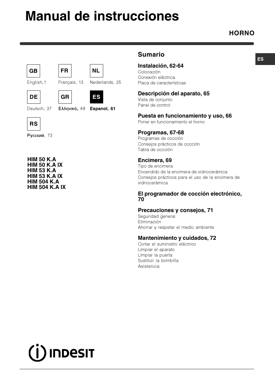 Manual de instrucciones, Horno sumario | Indesit HIM 50 K.A IX User Manual | Page 61 / 84