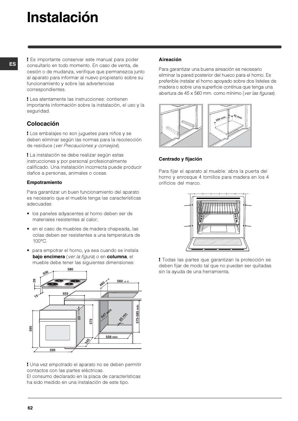 Instalación, Colocación | Indesit HIM 50 K.A IX User Manual | Page 62 / 84