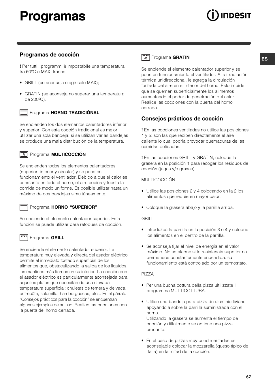 Programas | Indesit HIM 50 K.A IX User Manual | Page 67 / 84