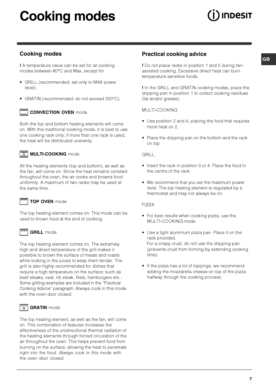 Cooking modes | Indesit HIM 50 K.A IX User Manual | Page 7 / 84