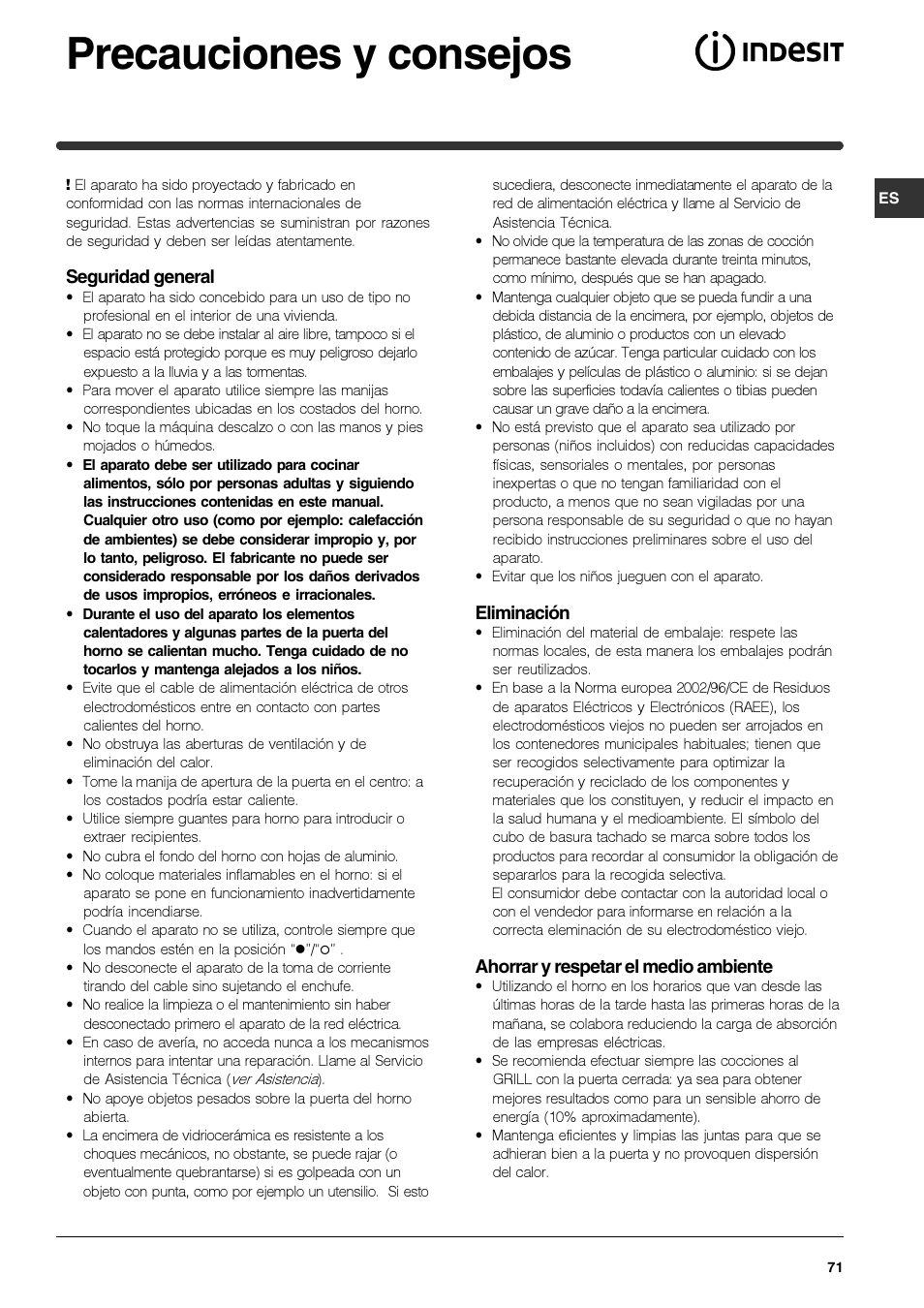 Precauciones y consejos | Indesit HIM 50 K.A IX User Manual | Page 71 / 84