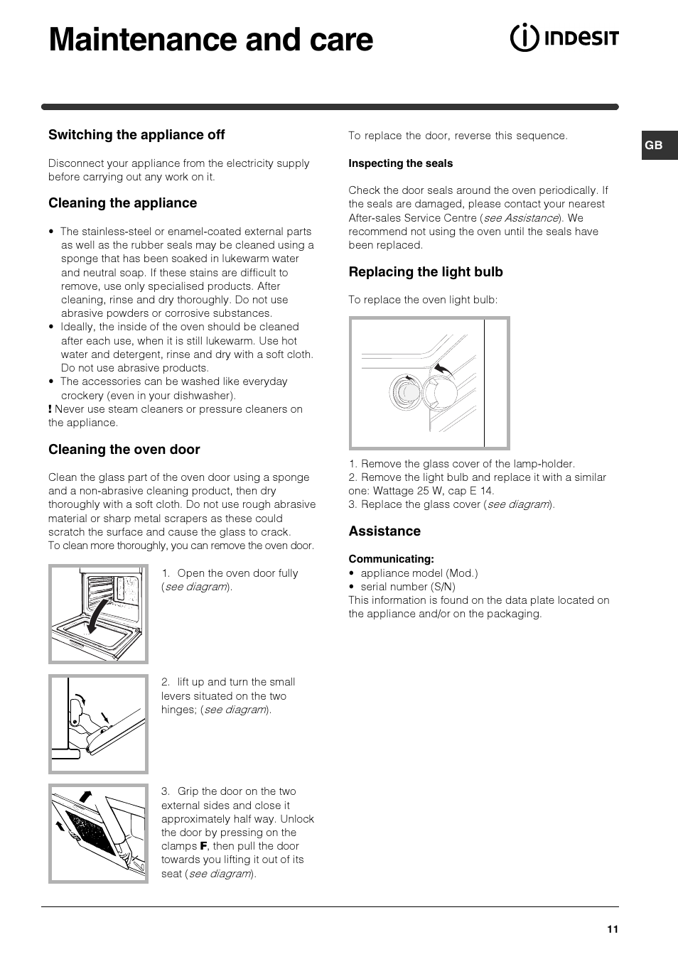 Maintenance and care | Indesit HIM 531 EK.A IX User Manual | Page 11 / 68