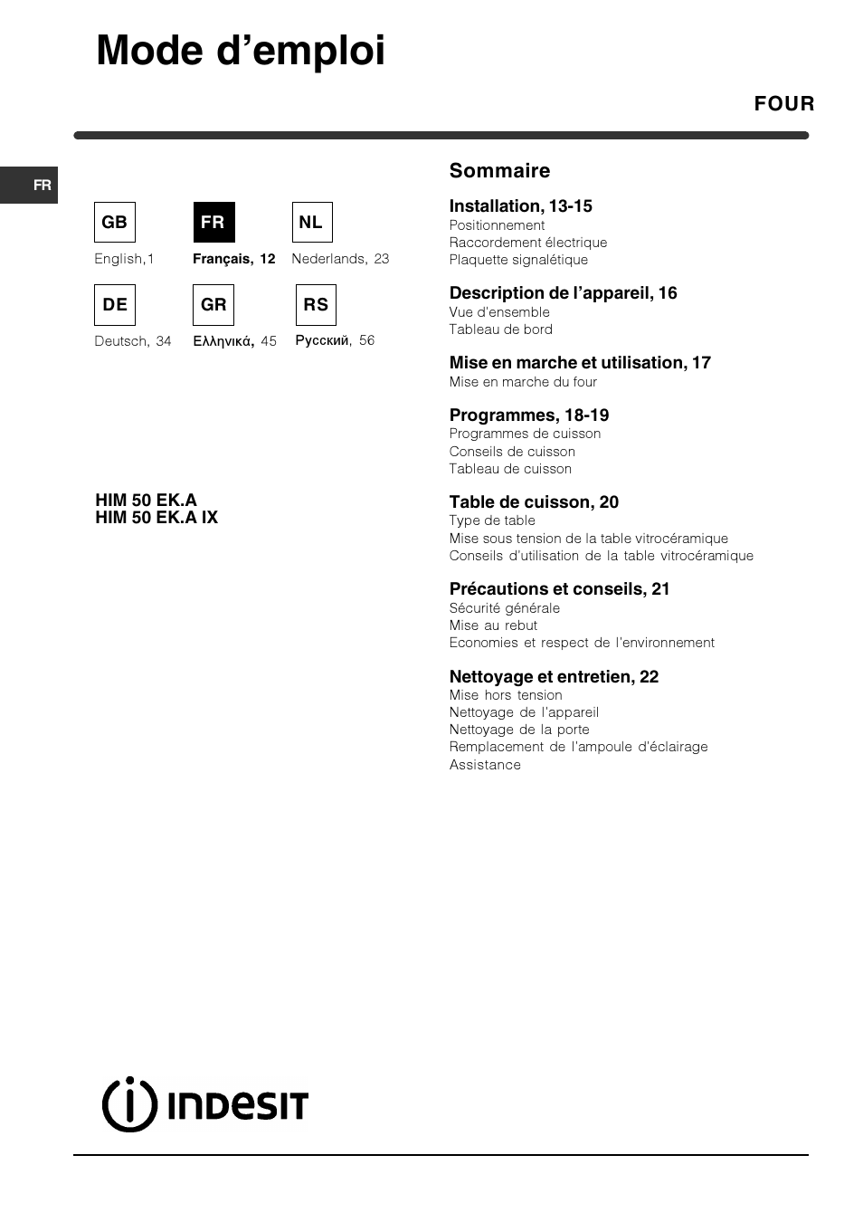 Mode d’emploi, Four sommaire | Indesit HIM 531 EK.A IX User Manual | Page 12 / 68