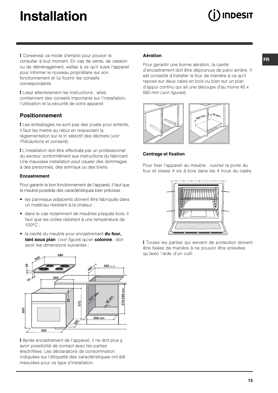 Installation, Positionnement | Indesit HIM 531 EK.A IX User Manual | Page 13 / 68