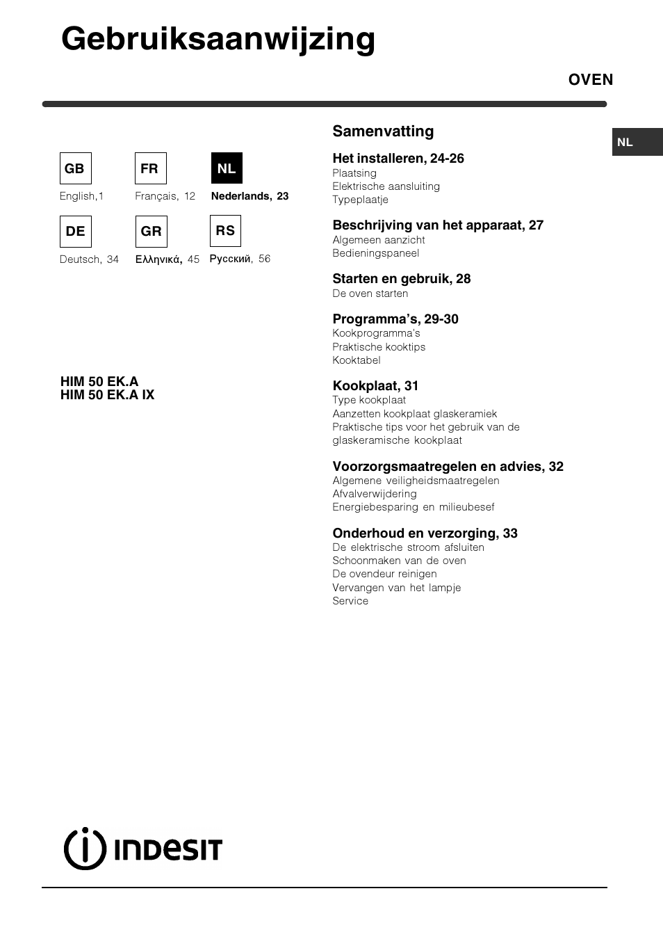 Gebruiksaanwijzing, Oven samenvatting | Indesit HIM 531 EK.A IX User Manual | Page 23 / 68