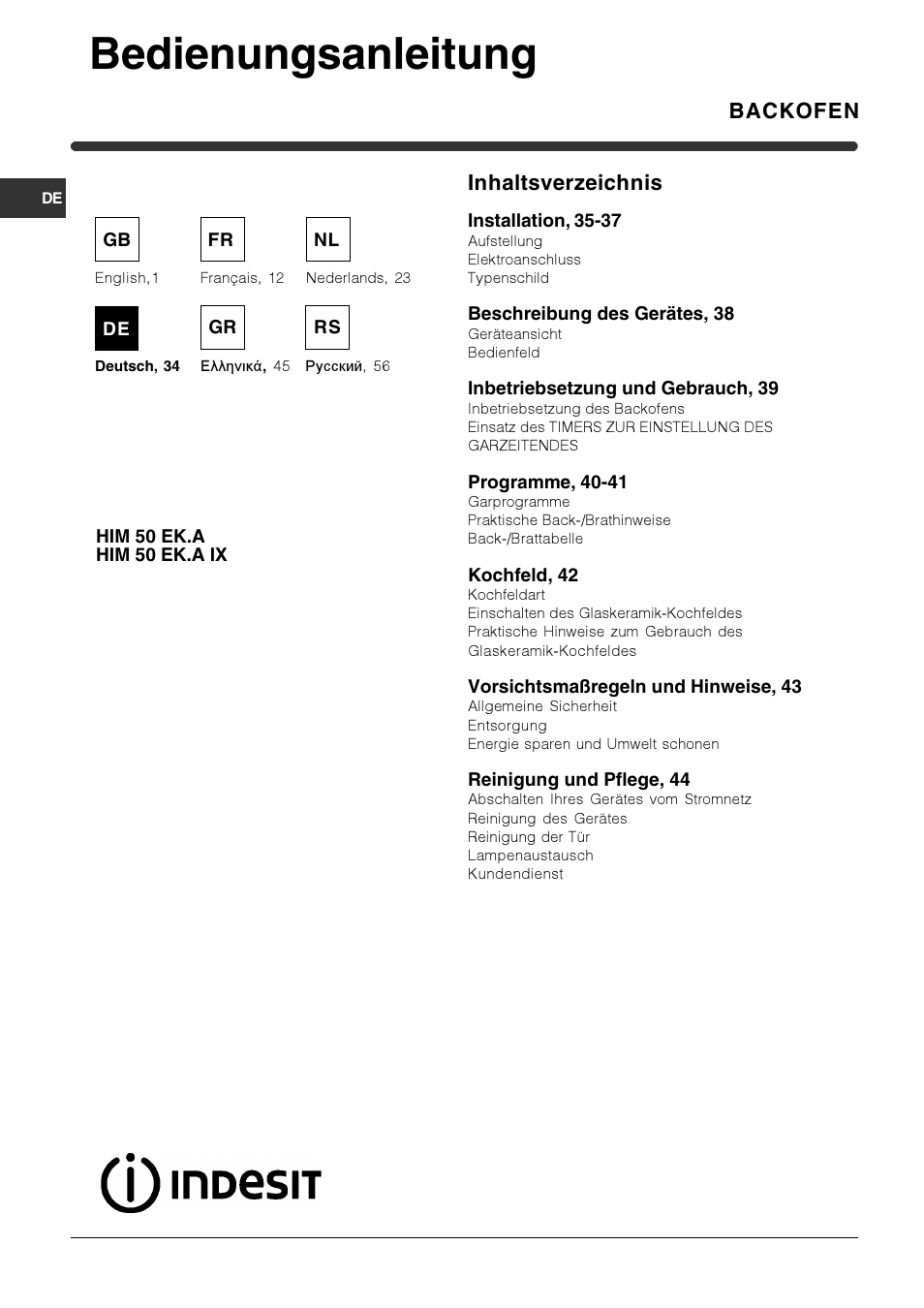 Bedienungsanleitung, Backofen inhaltsverzeichnis | Indesit HIM 531 EK.A IX User Manual | Page 34 / 68