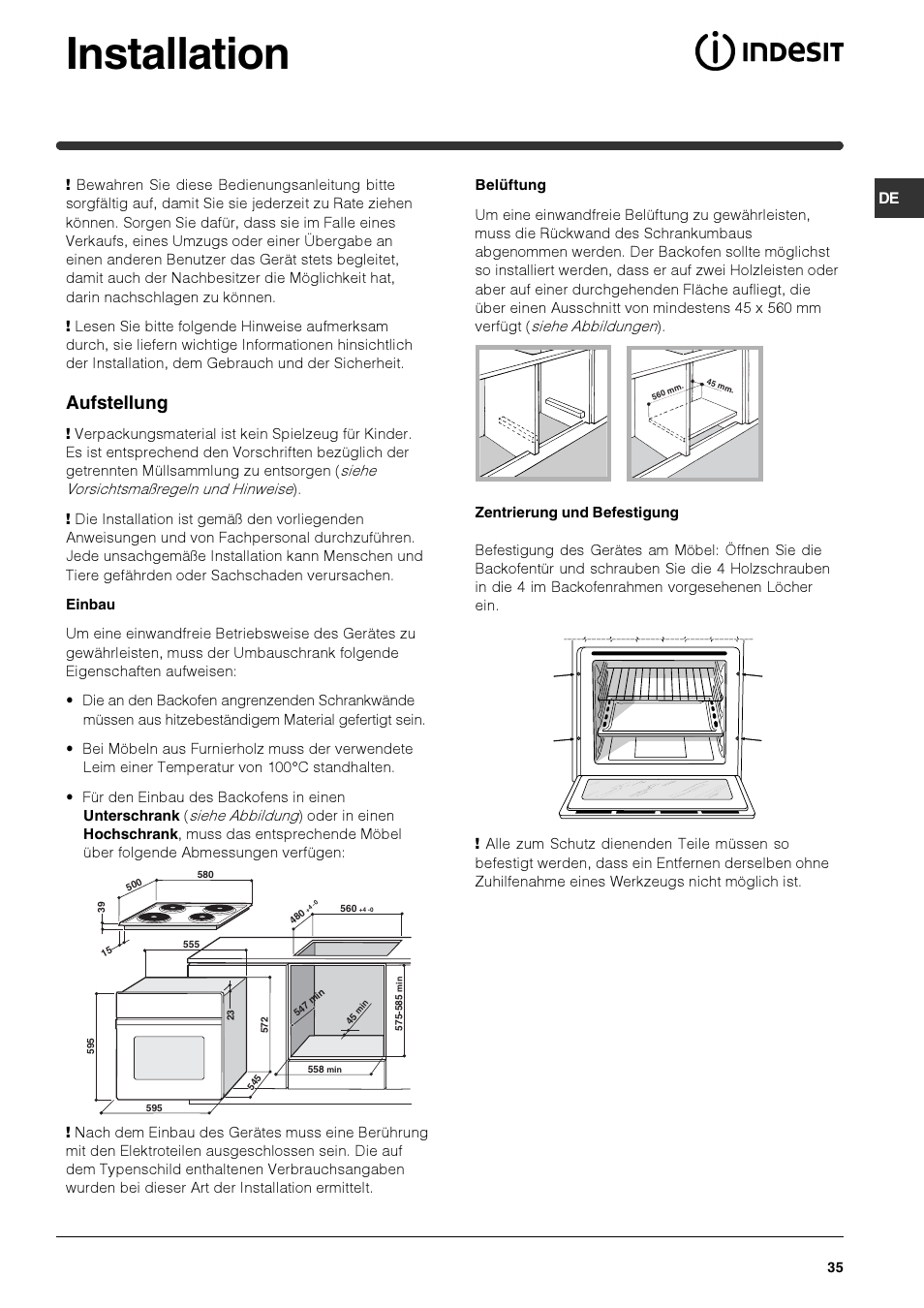 Installation, Aufstellung | Indesit HIM 531 EK.A IX User Manual | Page 35 / 68