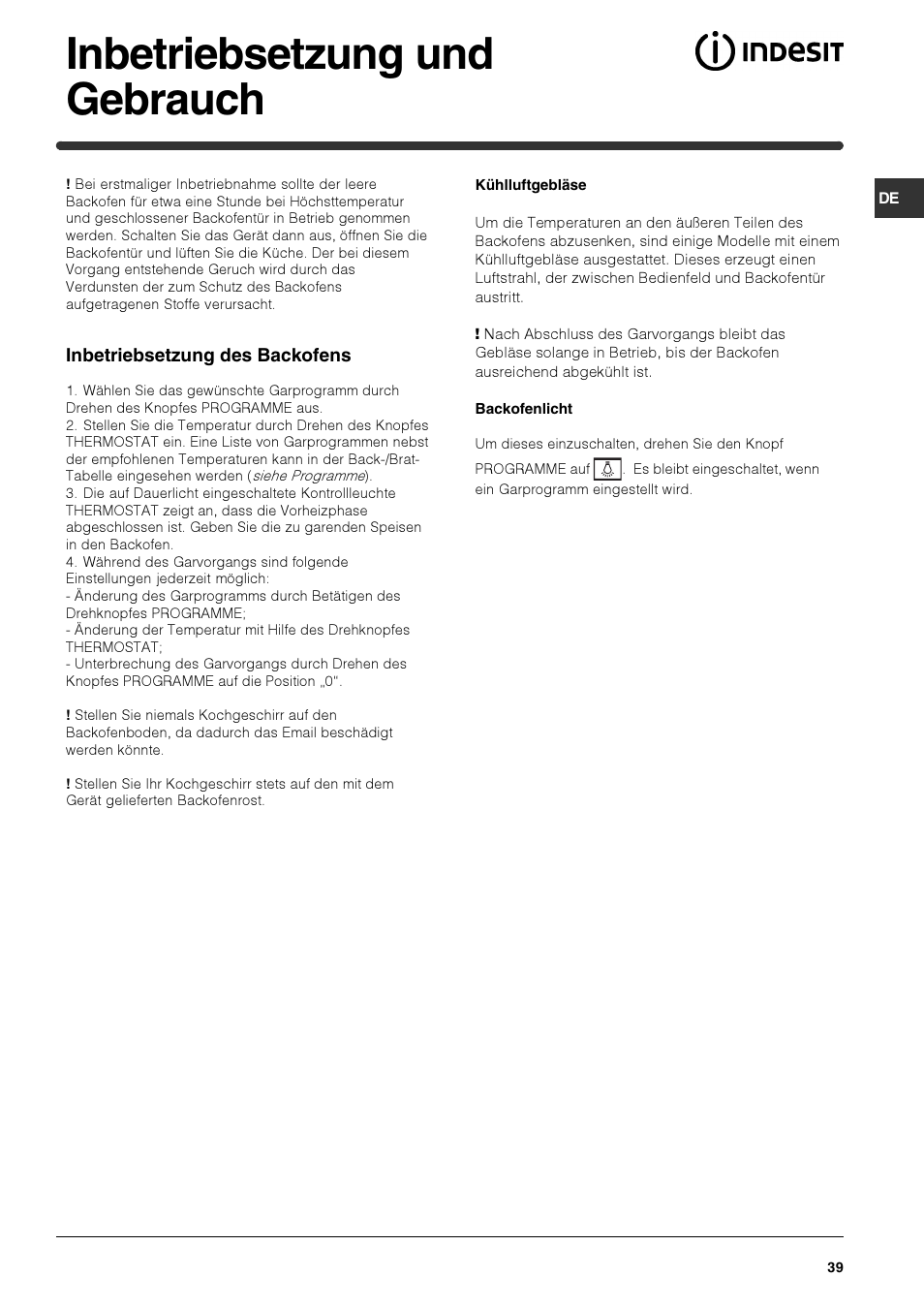 Inbetriebsetzung und gebrauch | Indesit HIM 531 EK.A IX User Manual | Page 39 / 68