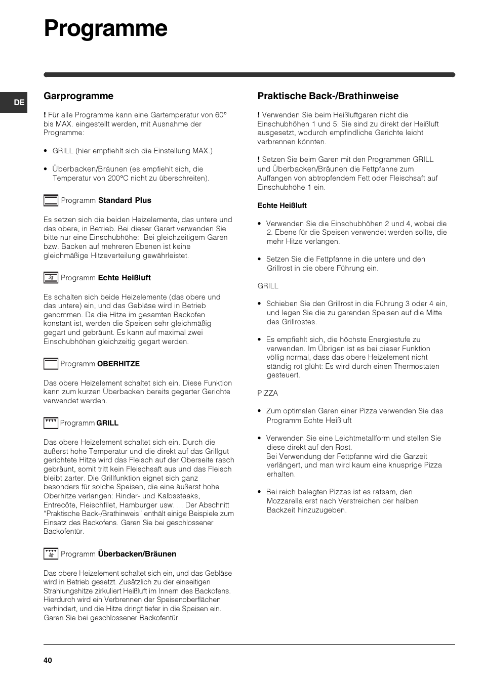 Programme, Garprogramme, Praktische back-/brathinweise | Indesit HIM 531 EK.A IX User Manual | Page 40 / 68