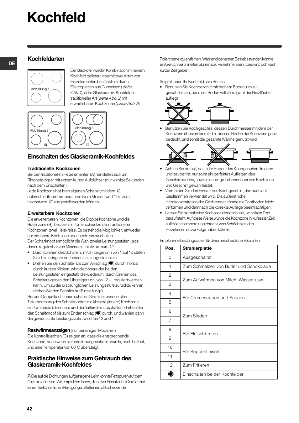 Kochfeld, Kochfeldarten, Einschalten des glaskeramik-kochfeldes | Indesit HIM 531 EK.A IX User Manual | Page 42 / 68