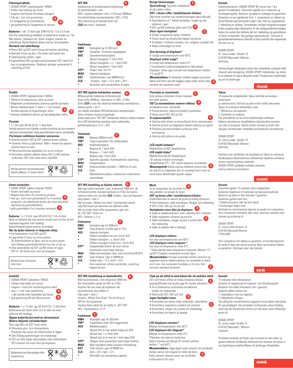 Svensk, Dansk, Suomi | Norsk | SIGMA Targa User Manual | Page 3 / 3