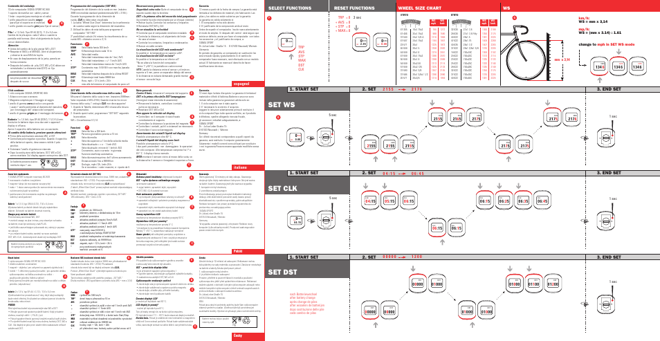 Set ws set dst set clk, Start set 2. set 3. end set, Select functions reset functions | Ws wheel size chart | SIGMA BC 800 1997 User Manual | Page 2 / 2