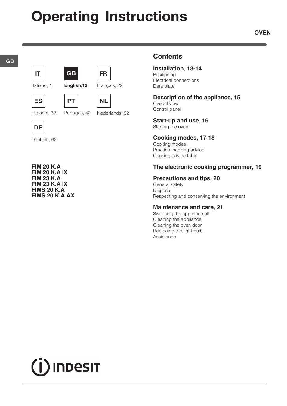 Indesit FIM 20 K.A IX User Manual | Page 12 / 72