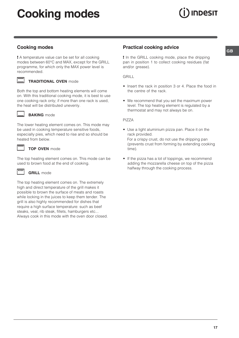 Cooking modes | Indesit FIM 20 K.A IX User Manual | Page 17 / 72
